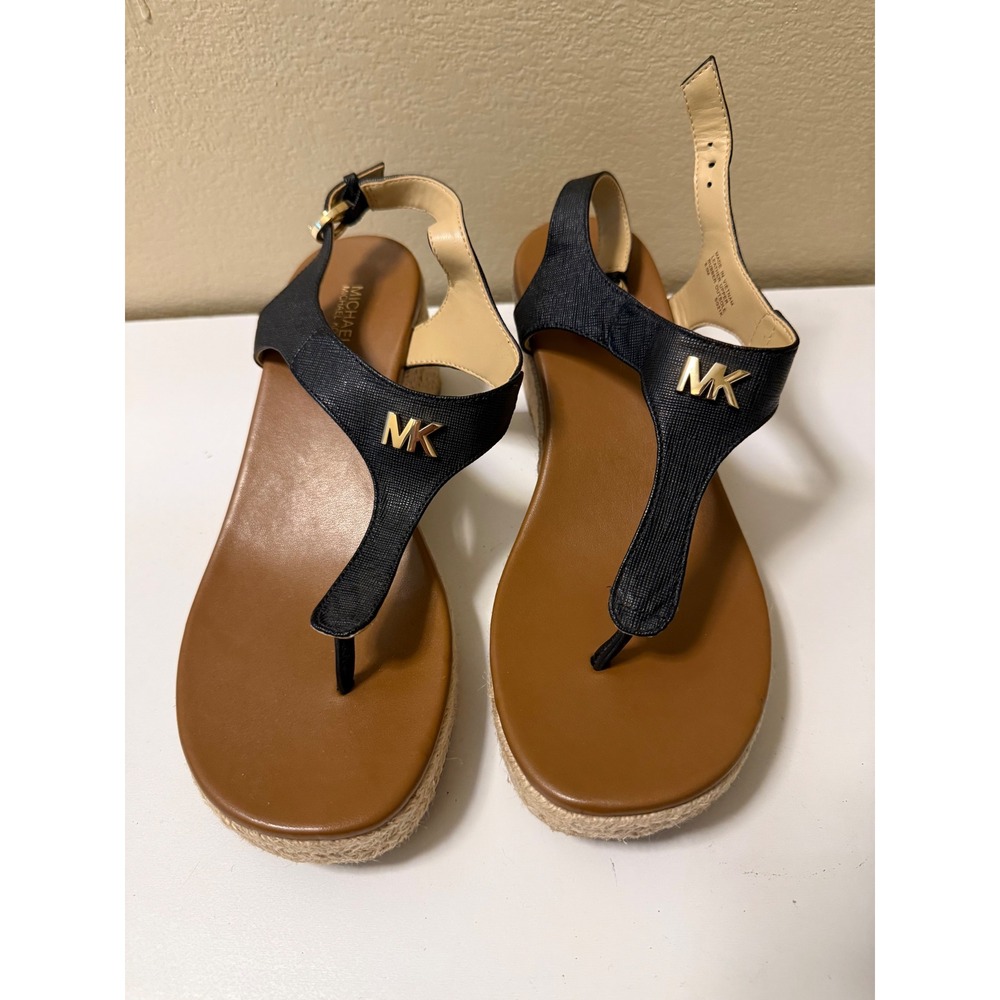 Michael Kors Black Leather Espadrille Wedge Sandals Gold MK Logo SG21K  8.5M